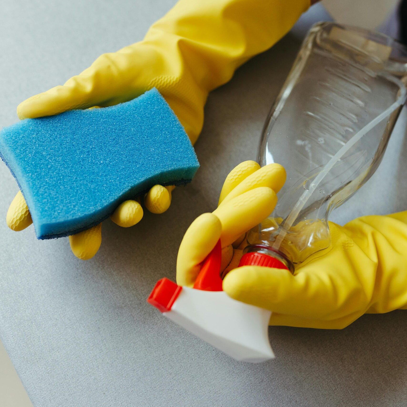Close-up of hands in gloves holding a sponge and spray bottle for cleaning.